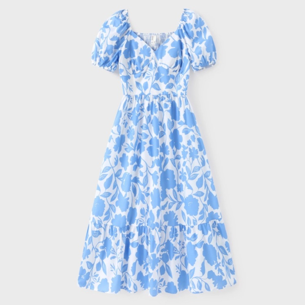 Blue and White Floral Print Puff Sleeve Smocking Women Dress